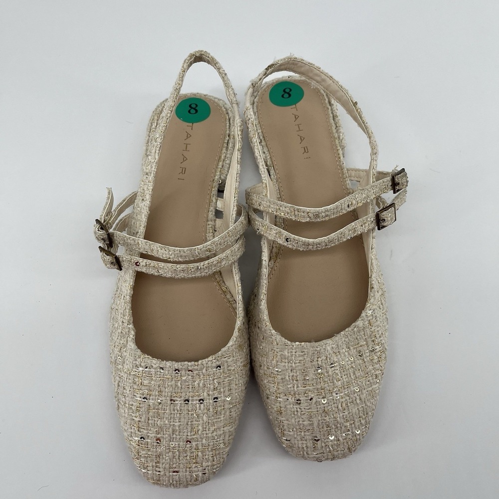 Tahari Women's Size 8 Tweed Sequin Cream Mary Jane Flat Slingback Sandals NWOB